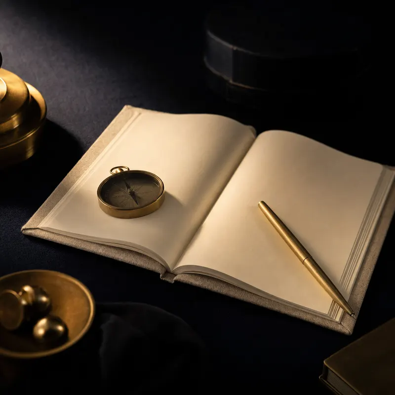 Cuaderno color marfil con pluma de latón y pisapapeles de brújula bajo luz cálida de lámpara