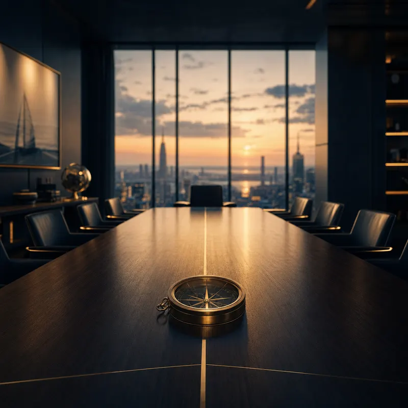 Brújula marina de latón sobre una mesa de juntas oscura al atardecer, con luz dorada cálida